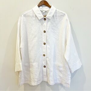 Coldwater Creek Top Womens Large White Linen 3/4 Sleeve Coastal Lagenlook Tunic